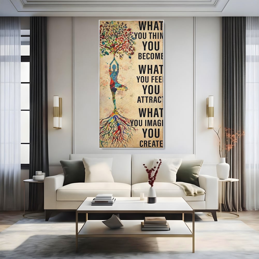 Tablou canvas cu tablou canvas motivational cu silueta si copac, in rama de aluminiu argintiu, pe perete intr-un living